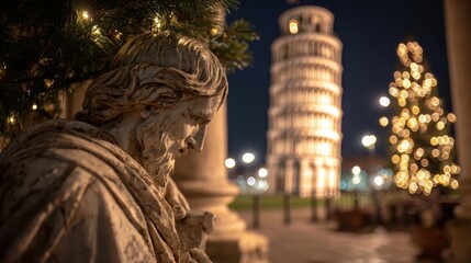 The Leaning Tower of Pisa with Christmas decorations at night