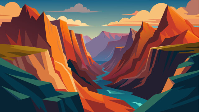 A panoramic landscape of mountainous terrain with deep gorges and steep cliffs creating a dramatic backdrop.