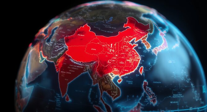 A futuristic digital earth globe with a significant continental region highlighted in vibrant red, symbolizing global focus, data visualization, geopolitical strategy, or economic influence acros