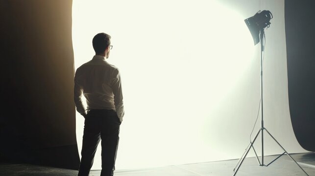 Photographer silhouette in professional studio setup with backlight for commercial production editorial photography branding lighting creative scene