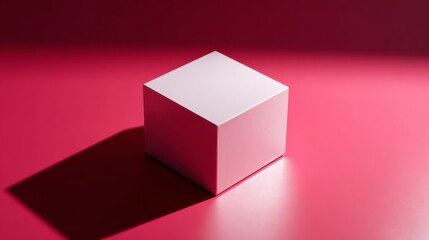 White cube casting shadow on vibrant pink background