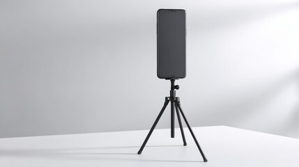 Black speaker on tripod stand in minimal white studio setup for music audio equipment branding photography design product display
