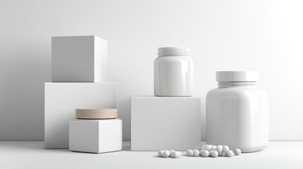 White geometric podiums with skincare jars and boxes