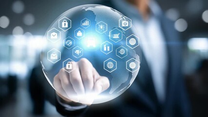 Professional hand points at transparent digital sphere displaying various business, technology icons, symbolizing global connectivity. Represents innovation, digitalization, modern business - Powered by Adobe