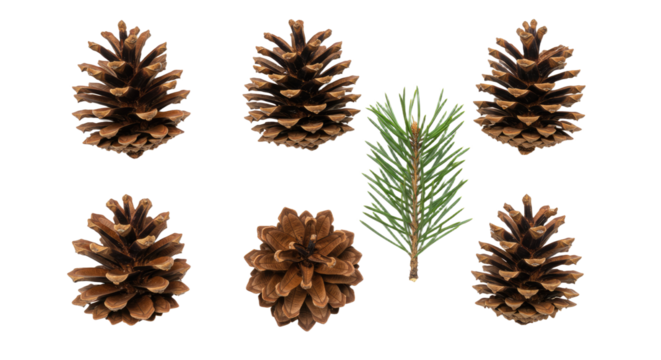 Collection of Pine Cones and Pine Needles on White Background 15.