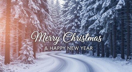 Snowy Winter Forest Road with Merry Christmas and Happy New Year Text Overlay