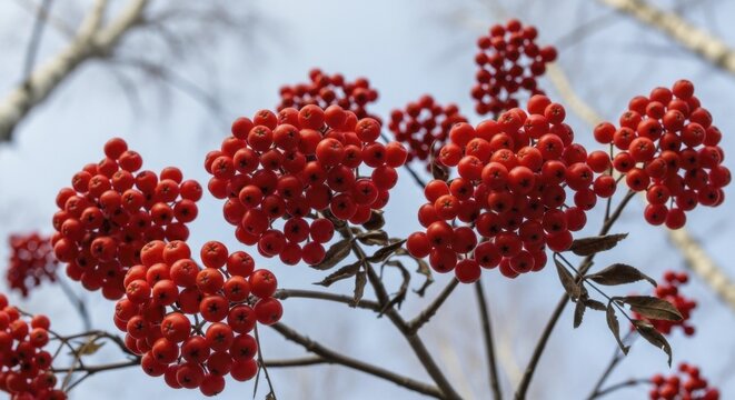 Vibrant red rowan berries clustered on bare branches against a soft blue sky in winter - Powered by Adobe