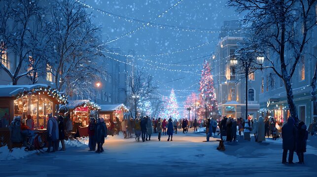 A winter street scene bustling with activity, featuring people, market stalls, and illuminated decorations, evoking a festive atmosphere - Powered by Adobe