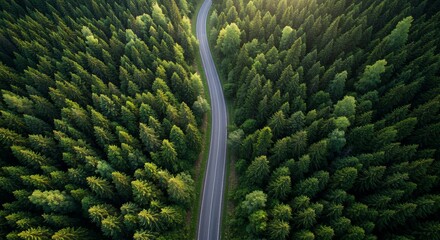 road in the middle of a pine forest during summer.