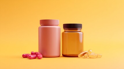 Two supplement jars on yellow background with scattered capsules for health product packaging advertising branding and nutrition concept scene