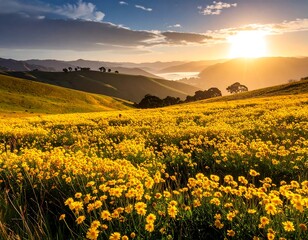 Obraz premium Lush golden field at sunrise