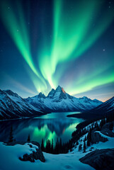 A breathtaking night landscape of towering, snow-capped mountains under a sky illuminated by the Northern Lights. The vibrant green and purple auroras dance across the vast star-filled sky, casting an
