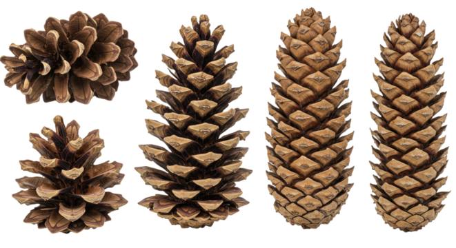 Collection of Pine Cones on White Background.