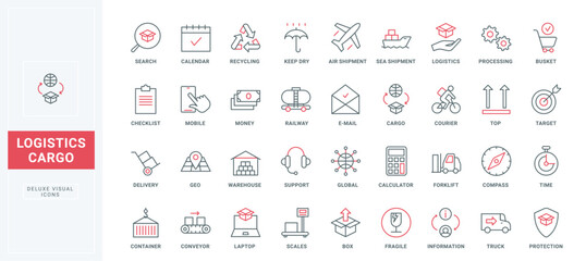 Delivery and worldwide logistics thin black and red line icons set vector illustration. Outline warehouse insurance, support and search service, truck and forklift, sea and air shipment of containers