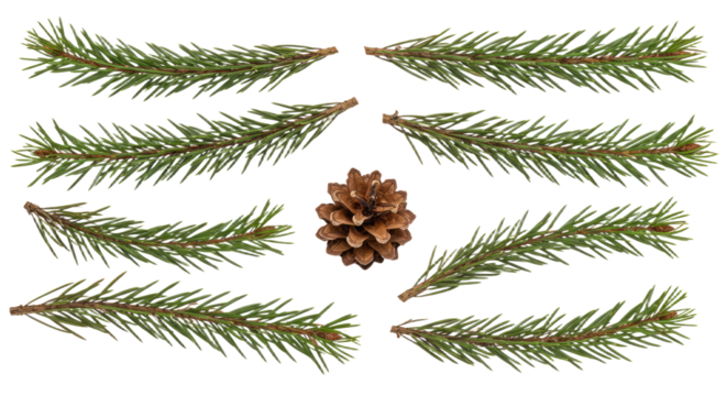 Collection of Pine Needles and Pine Cone on White Background.