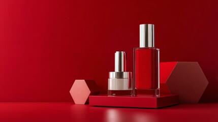 Red background with cosmetic bottles and geometric shapes for branding or advertisement concept