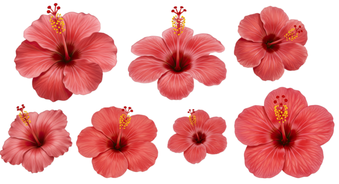 Collection of Seven Pink Hibiscus Flowers Isolated on White Background.