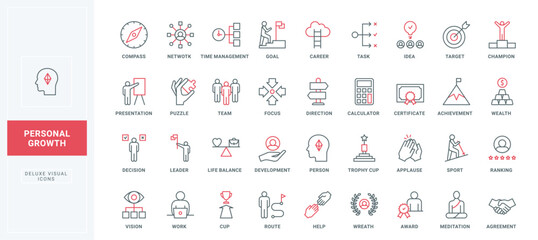 Personal development and growth, skills training line icons set. Work life balance and direction to success, task and time management, leadership thin black and red outline symbols vector illustration