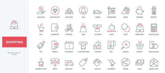 Online shopping line icons set. One click purchase in website shop, coupon and discount on store sale, delivery of orders with courier thin black and red outline symbols, payment vector illustration