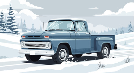 Nostalgic blue pickup truck driving through a serene winter wonderland
