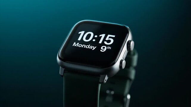 Closeup of a modern smartwatch displaying the time 1015 on monday the 9th against a dark blue gradient background
