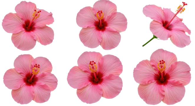 Collection of six beautiful pink hibiscus flowers isolated on white background.