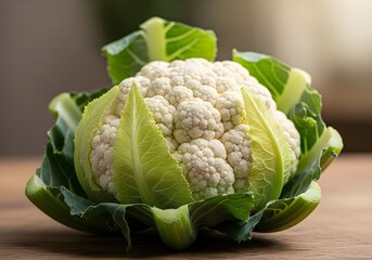 fresh cauliflower on a wooden table, Fresh Cauliflower with Green Leaves on Wooden Surface — Natural Texture and Wholesome Presentation in Rustic Setting