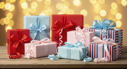  Assortment of neatly wrapped holiday presents on a rustic wooden table with sparkling golden bokeh lights