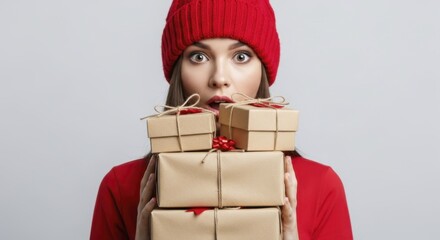  Surprised young woman in red hat holding stack of holiday gift boxes against neutral background