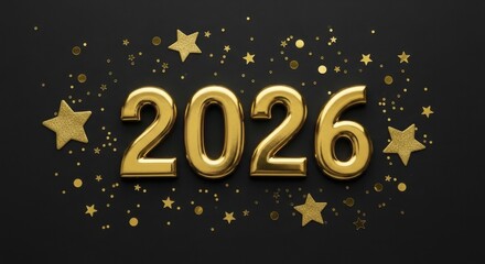 Shiny Golden 2026 Typography with Scattered Glittering Stars and Confetti on Dark Background