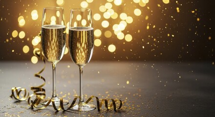 Two champagne flutes with golden effervescence and shimmering bokeh lights on a dark surface, surrounded by festive confetti and ribbons