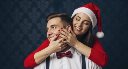  Joyful young couple celebrating winter holidays with festive Santa hat, embracing happily against a subtle backdrop