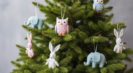 Adorable pastel colored felt animal ornaments including owls, rabbits, and elephants hanging on vibrant green Christmas tree branches, creating a festive holiday decoration