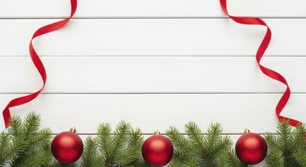 Festive Holiday Border with Red Ornaments and Fir Branches on White Wooden Background