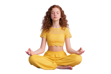 A young woman in yellow yoga attire is meditating in a peaceful lotus pose, promoting relaxation and mindfulness.