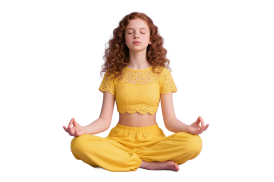A young woman in yellow yoga attire is meditating in a peaceful lotus pose, promoting relaxation and mindfulness.