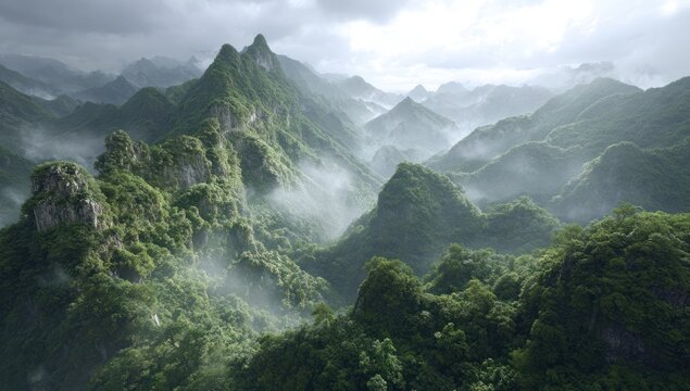 Lush green mountains shrouded in a misty haze, showcasing a dramatic landscape of towering peaks and valleys. - Powered by Adobe
