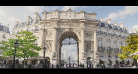 Naklejka premium Elegant ornate archway defining a bustling European-style city street, flanked by charming historic architecture and lively outdoor cafes, with modern high-rises visible through the passage, blen