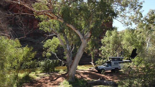 billabong at a remote bush camp along secluded George river in the beautiful red rolling hills of Millstream Chichester National Park, pilbara shire in West Australia.
