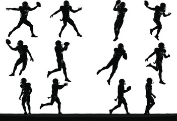 American football player silhouette icons, dynamic athletic poses, ball movement sequence, black vector set, cad drawing flat vector illustration