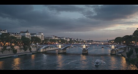 Naklejka premium Enchanting urban river scene at dusk with an illuminated arched bridge, reflecting city lights on the tranquil water. Classic buildings line the banks under a dramatic cloudy sky, capturing the s