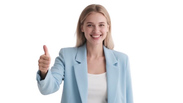 A woman in a light blue suit is smiling and giving a thumbs up, representing a positive and professional demeanor.