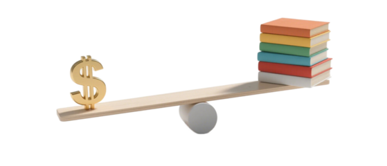 An image showing a seesaw with a dollar sign on one side and books on the other, symbolizing the balance between money and knowledge.