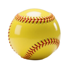 A bright yellow softball with red stitching, suitable for various sports activities and games.