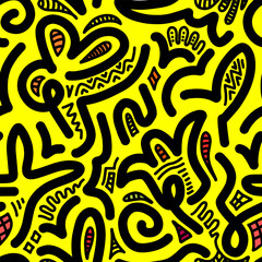 Abstract plant leaf art seamless pattern with colorful freehand doodle collage. Organic leaves cartoon background, simple nature shapes in vintage pastel colors.