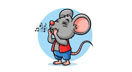 Cartoon mouse whistling a tune holding hands to mouth in a whimsical pose against a cheerful backdrop perfect for childrens content creation