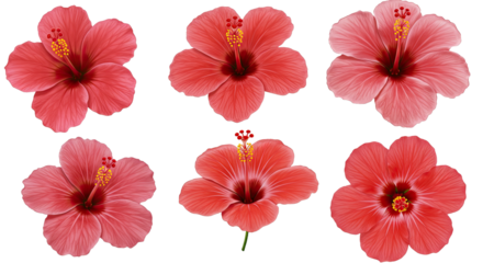 Collection of Six Vibrant Pink Hibiscus Flowers Isolated on White Background.