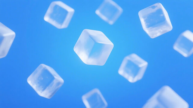 Transparent cubic ice cubes floating against a clear blue background, showcasing their cool and refreshing appearance. - Powered by Adobe