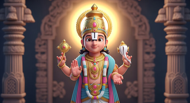 A cartoon depiction of a four-armed deity with a golden halo, holding a conch shell and a golden object, standing in an ornate temple setting.