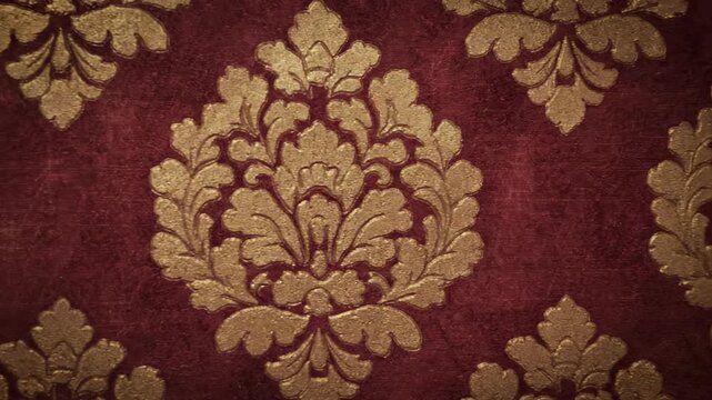 A smooth slow dolly shot gliding horizontally across a richly textured vintage damask wallpaper exhibiting classic symmetrical motifs elegant pattern, old world, smooth slow dolly